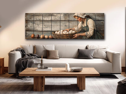 Rustic Wood Wall Art – Woman Collecting Eggs Print on Natural Wood Plank