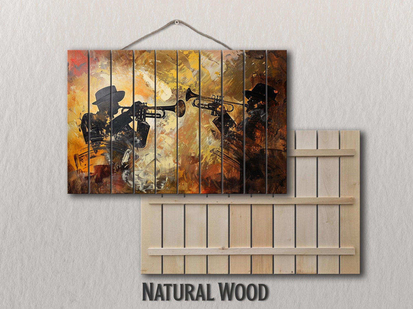 Rustic Wood Wall Art – Abstract Trumpet Painting on Wood | Jazz Music Decor