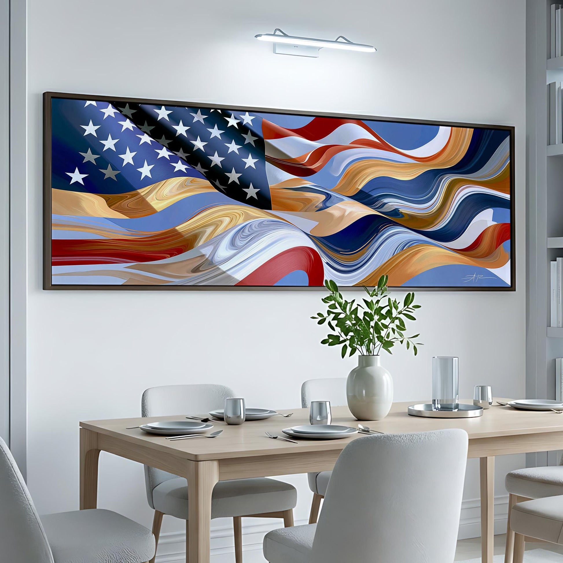 a large, colorful painting of the American flag hanging on a wall above a dining table with white chairs.