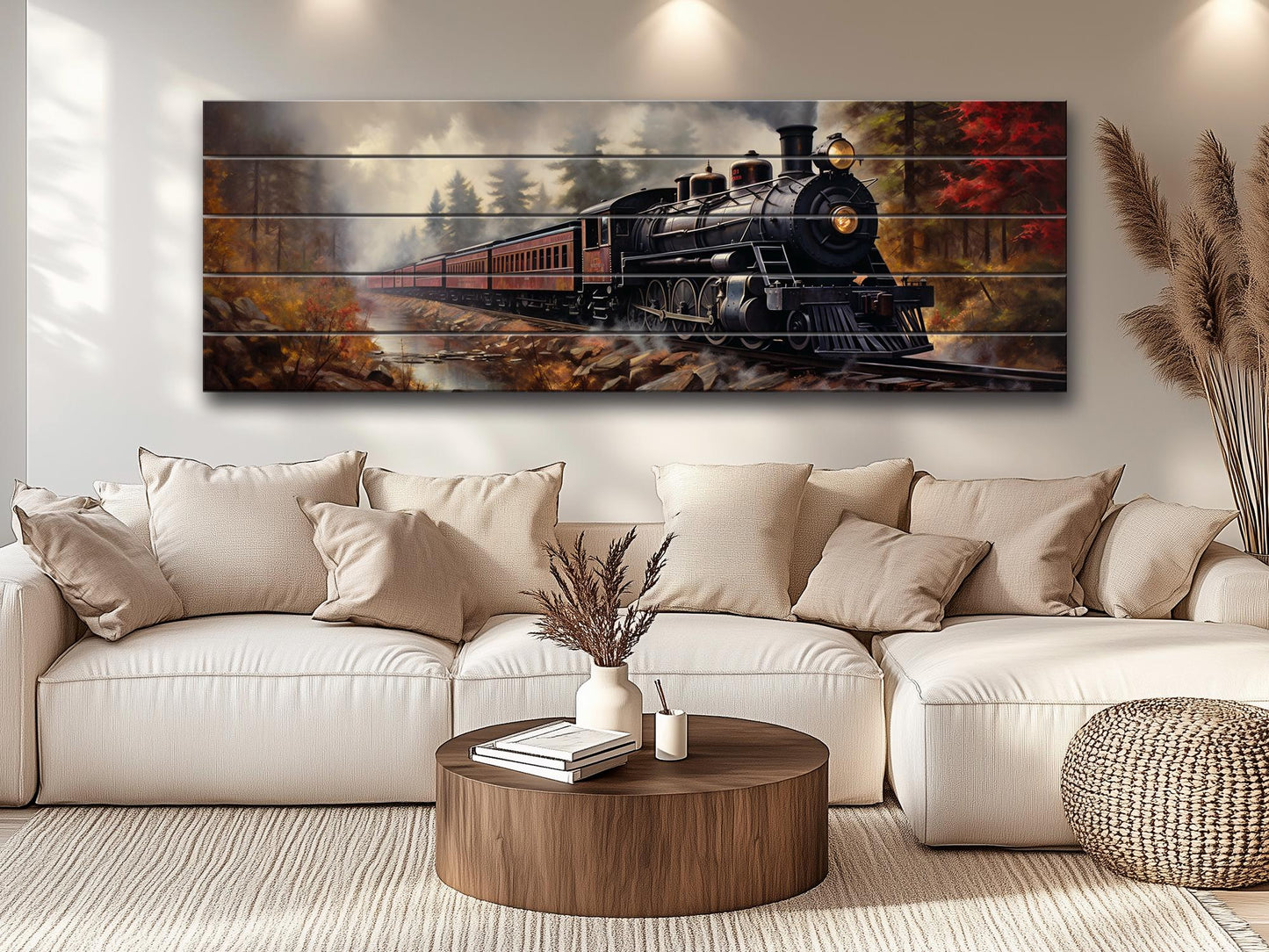 Rustic Steam Train Painting – Natural Wood Wall Art With Unique Wood Grain