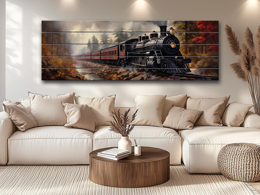 Rustic Steam Train Painting – Natural Wood Wall Art With Unique Wood Grain