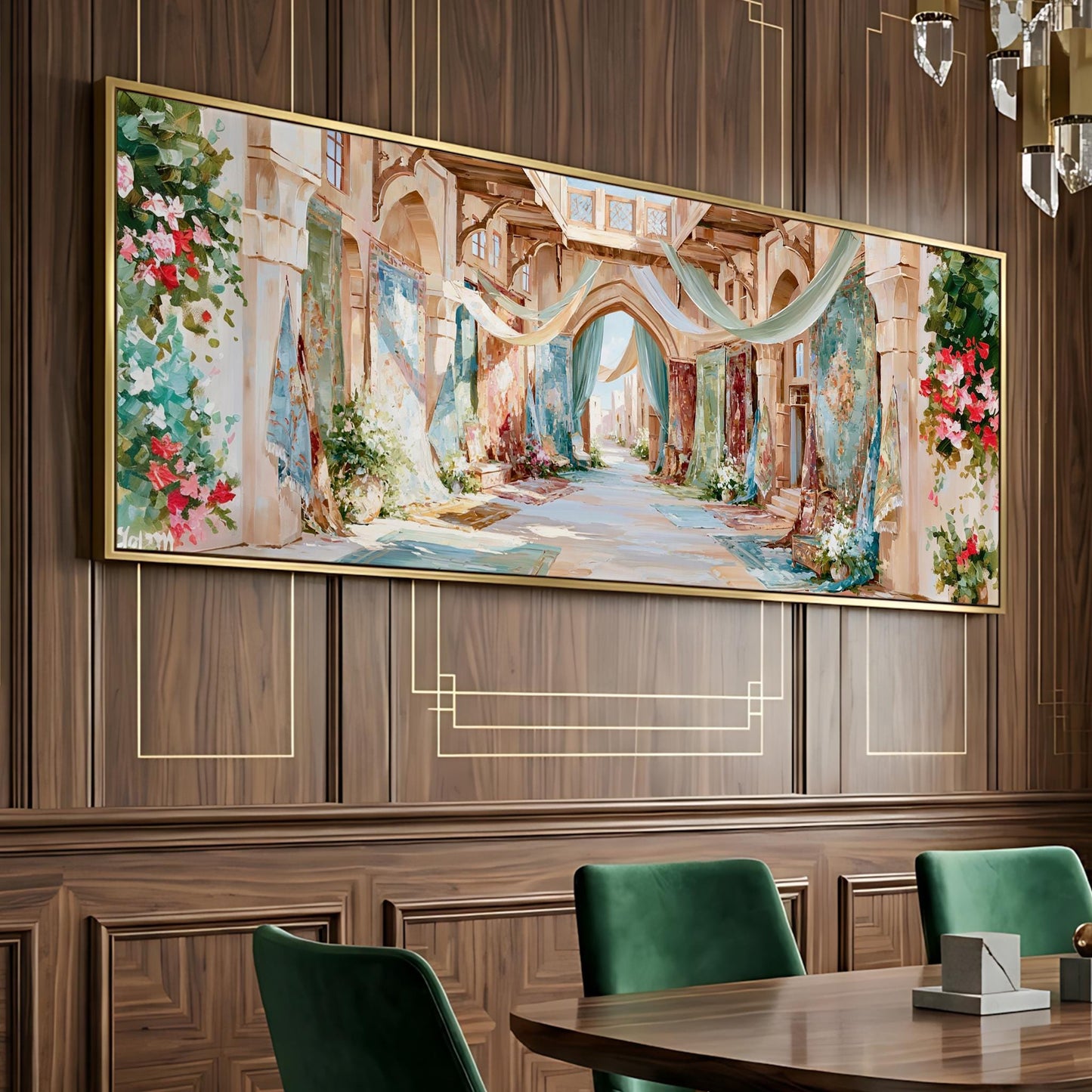 a large, ornate painting of a hallway with arches and floral decorations hanging on a wooden wall. The painting is framed in gold and is displayed above a wooden dining table with green chairs.