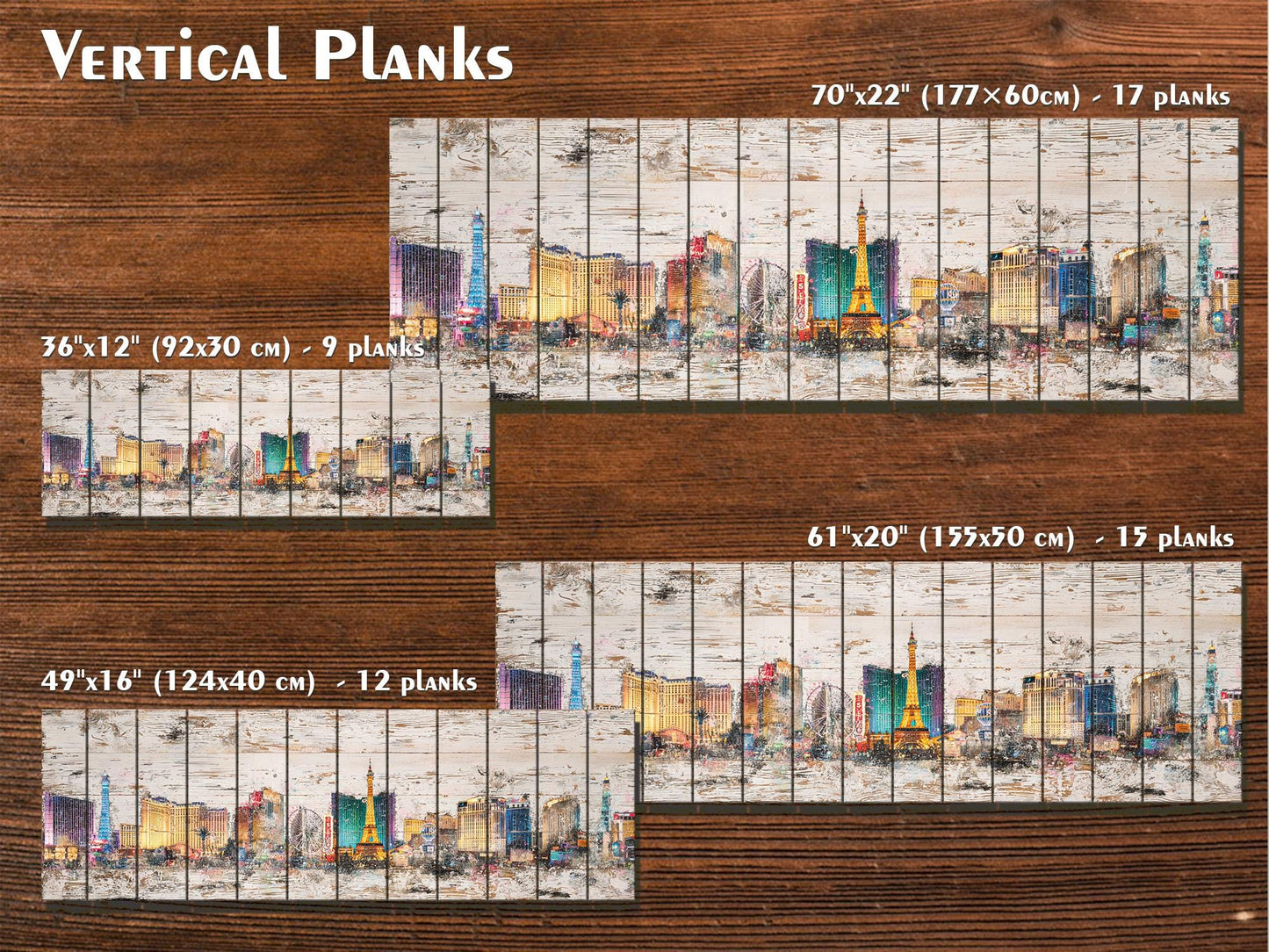 Rustic Las Vegas Painting – Panoramic Wood Wall Art with Neon Lights Print