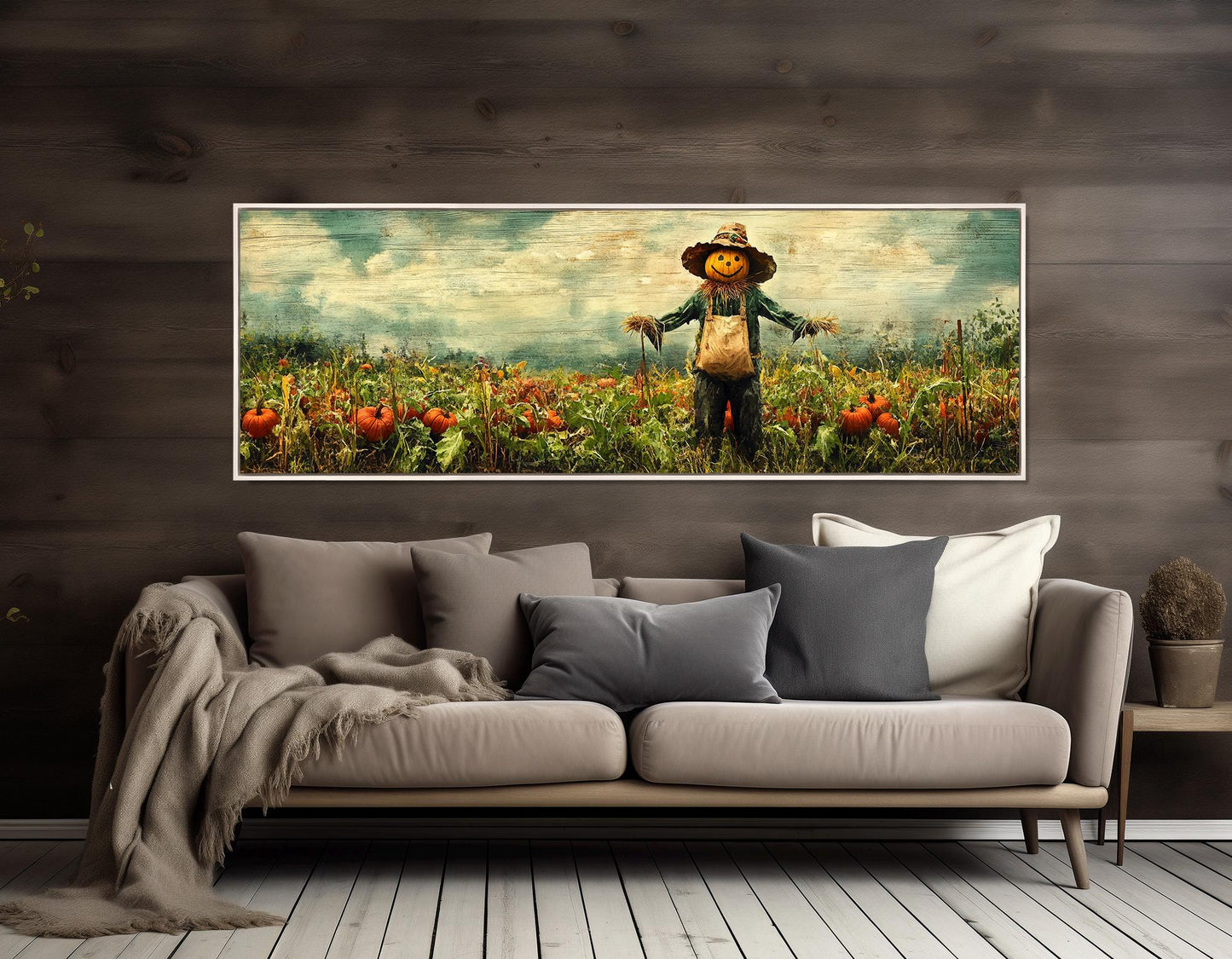 Scarecrow Pumpkin Canvas - Rustic Farmhouse Wall Art | Framed Ready to Hang