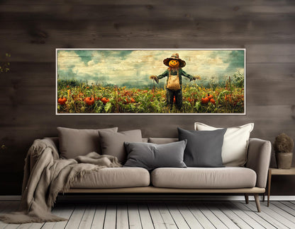 Scarecrow Pumpkin Canvas - Rustic Farmhouse Wall Art | Framed Ready to Hang