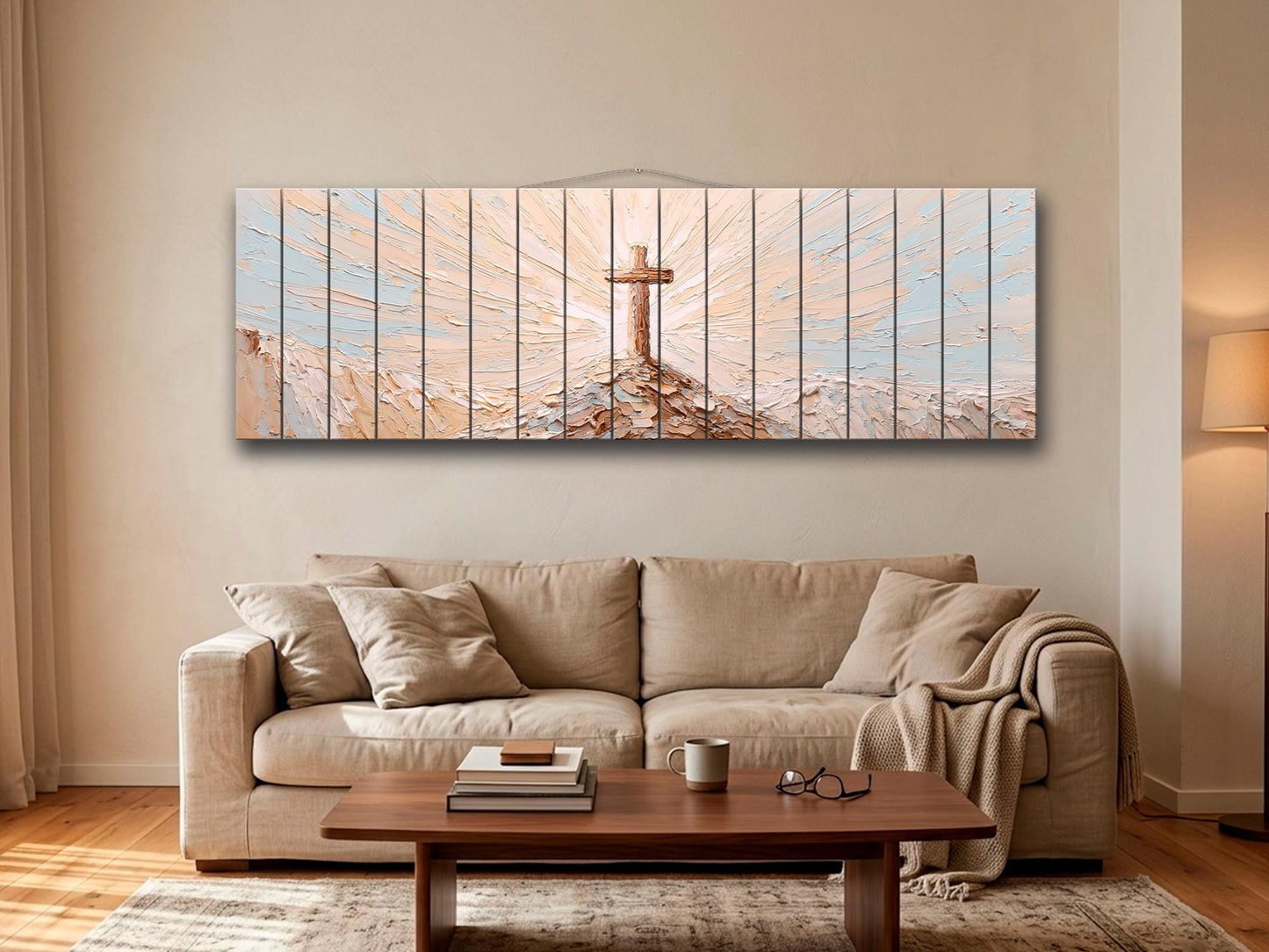 Wooden Cross on Mountain Peak Wood Print Wall Art, Religious Wall Decor
