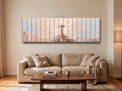 Wooden Cross on Mountain Peak Wood Print Wall Art, Religious Wall Decor