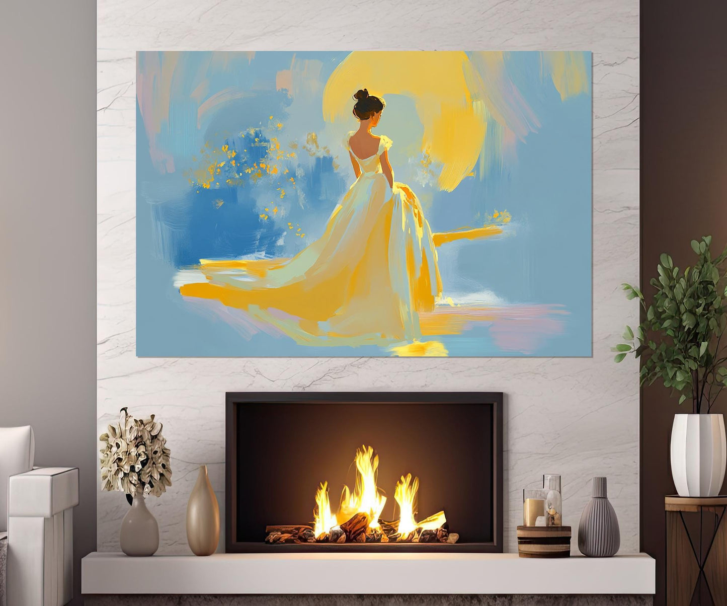 Yellow Dress Canvas Abstract Woman Painting Print – Framed Gallery Wrapped Art