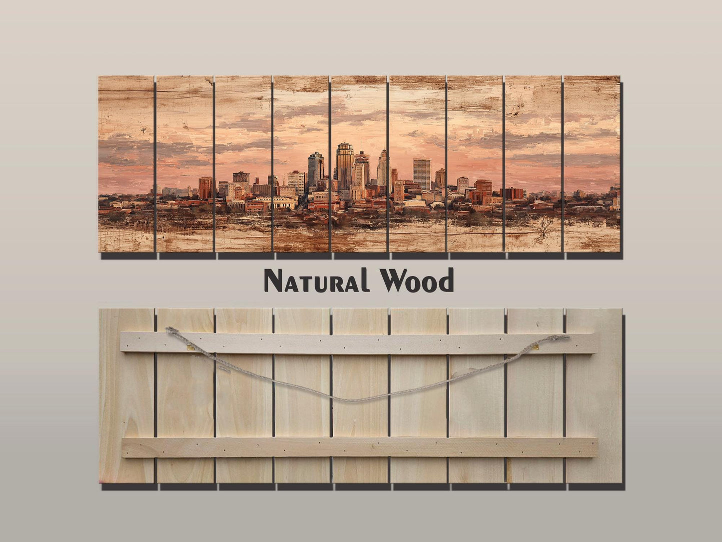 Kansas City Wood Print – Panoramic Skyline Painting on Distressed Wood Art