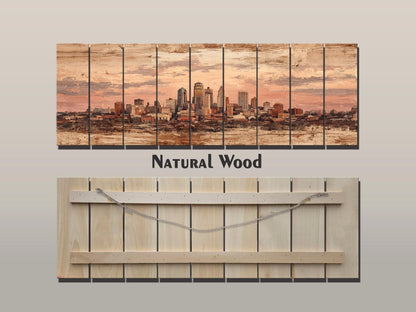 Kansas City Wood Print – Panoramic Skyline Painting on Distressed Wood Art