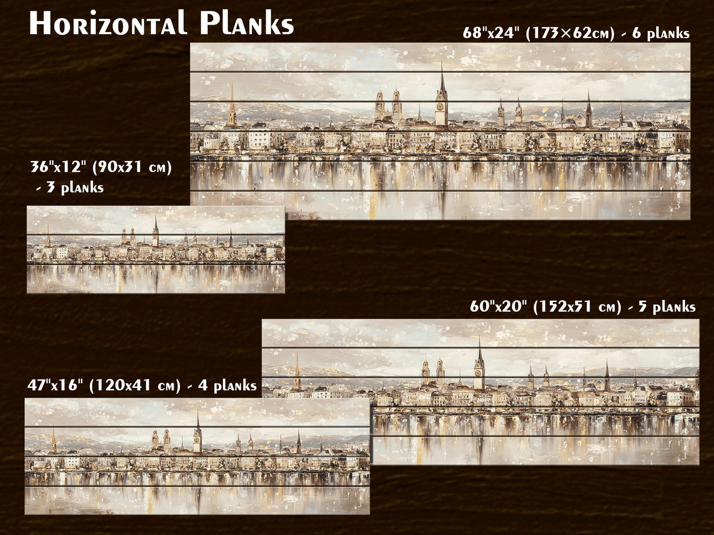 Zurich Skyline Wood Print – Rustic Wall Art with Lake Reflections Painting