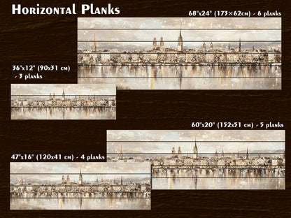 Zurich Skyline Wood Print – Rustic Wall Art with Lake Reflections Painting