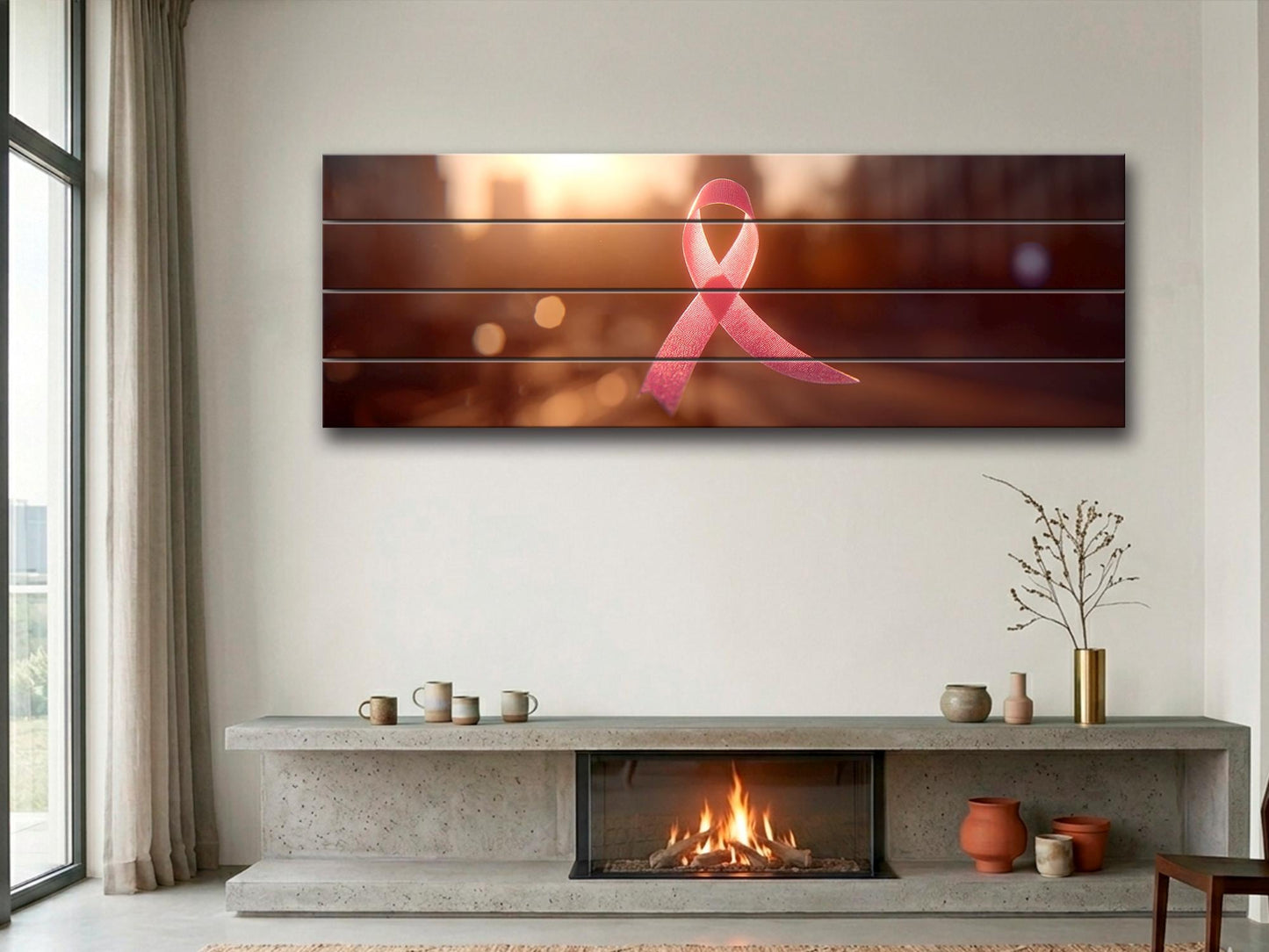 Pink Ribbon Print on Wood, Breast Cancer Symbol of Hope Art, Hospital Wall Decor
