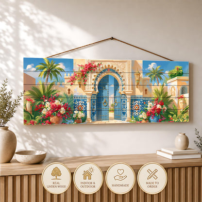 Moroccan Palace Gate Canvas Print, Blue Door Wall Art, Moorish Architecture Painting, Exotic Courtyard Decor