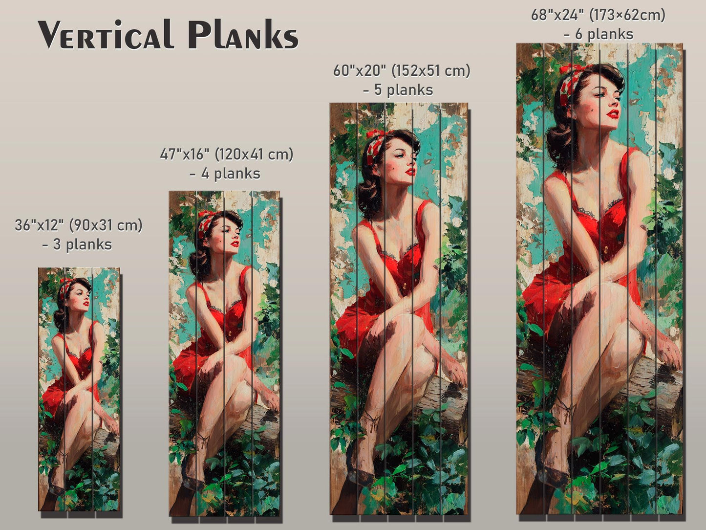 Pin Up Wood Print - Vintage Wall Art on Rustic Wood Plank with Forest Scene