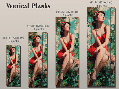 Pin Up Wood Print - Vintage Wall Art on Rustic Wood Plank with Forest Scene