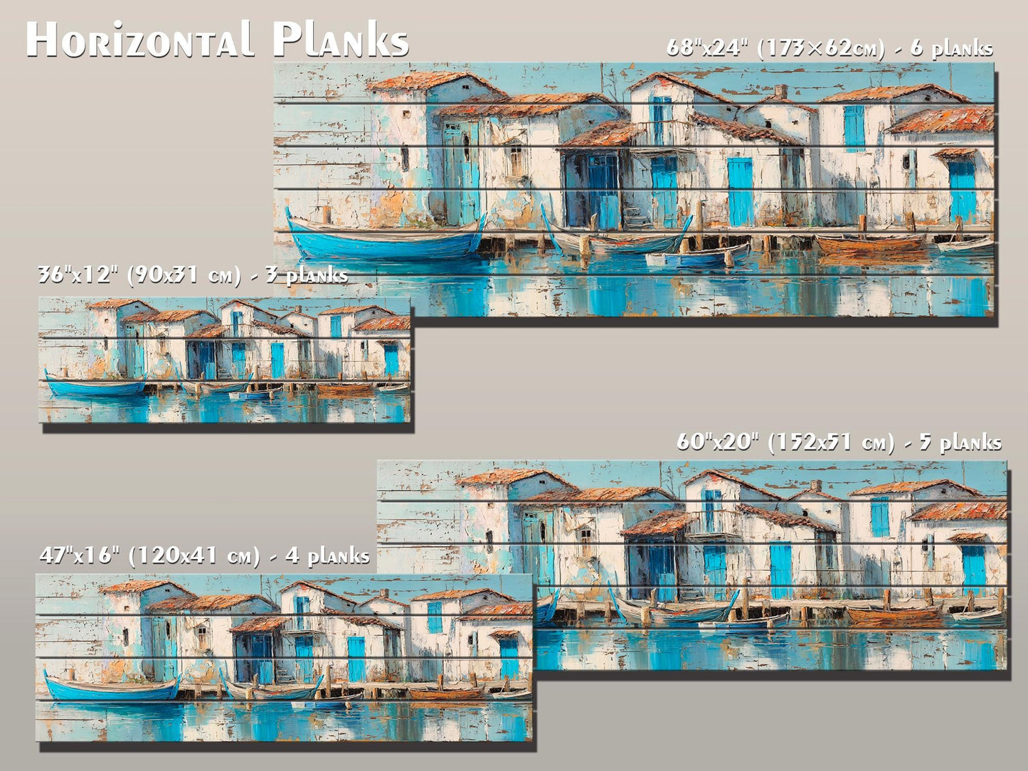 Seaside Village Print – Coastal Wall Art on Rustic Wood with Sky Blue Decor