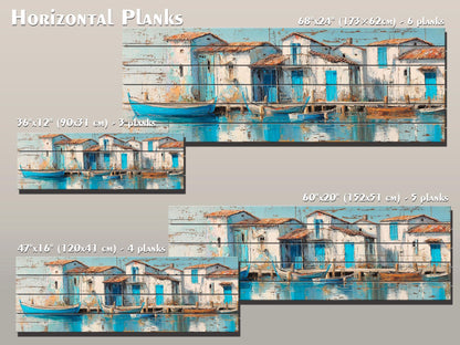 Seaside Village Print – Coastal Wall Art on Rustic Wood with Sky Blue Decor