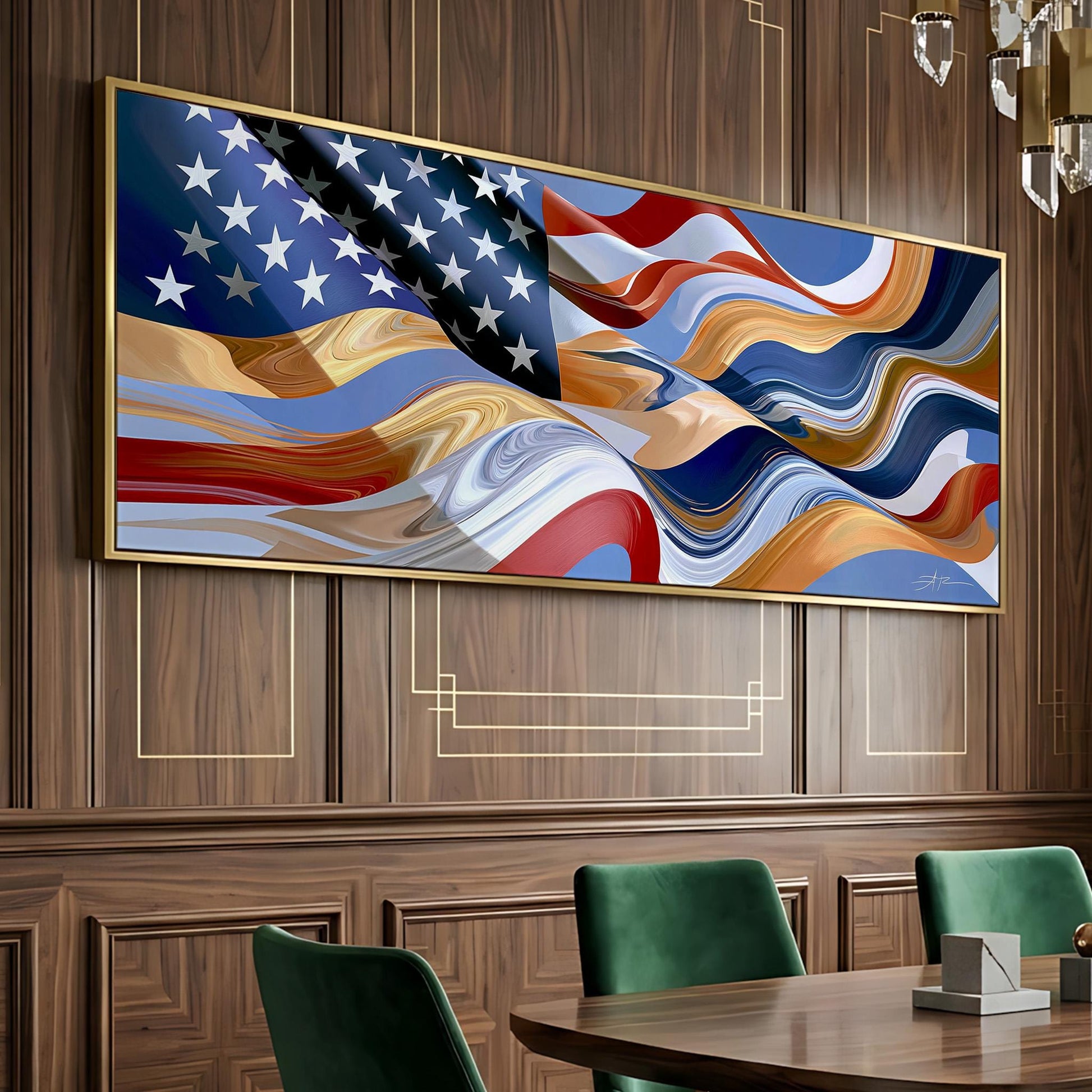 a large, colorful painting of the American flag hanging on a wooden wall.