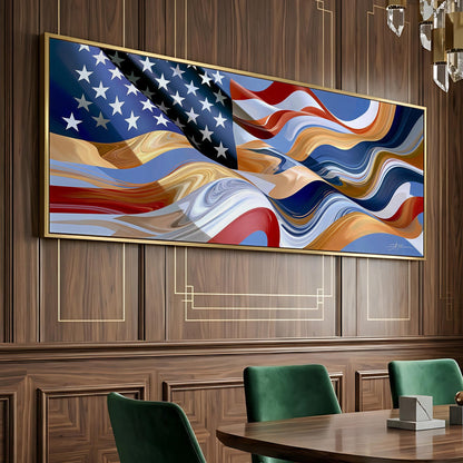 a large, colorful painting of the American flag hanging on a wooden wall.