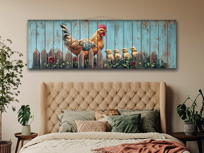 Rustic Wood Wall Art - Hen with Chicks Print on Natural Wood, Farmhouse Painting, Chicken Farm Decor, Chicken Coop Farmhouse Wall Decor