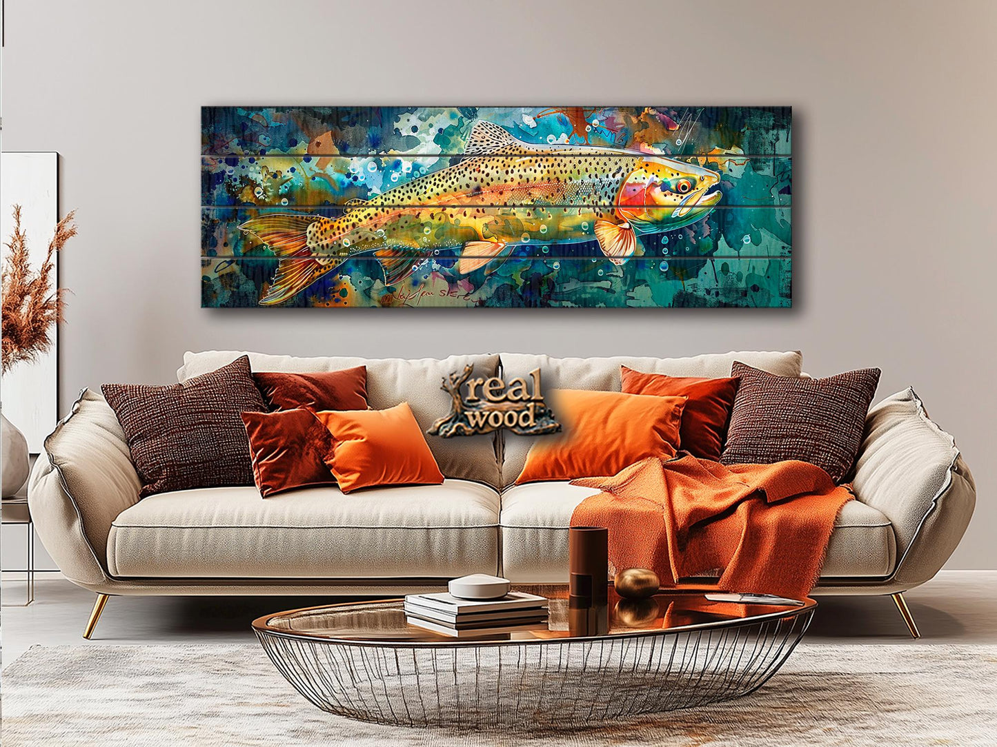 Rainbow Trout Painting Printed on Wood, Fishing Wall Art, Rustic Wood Wall Decor
