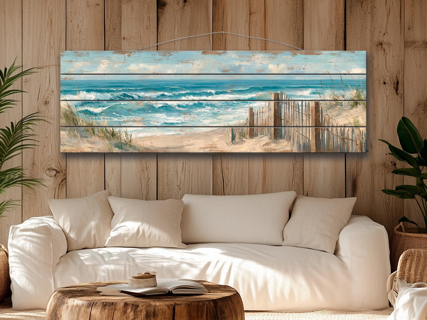 Wood Wall Art – Scenic Beach Wall Decor with Driftwood Fence & Sandy Dunes Print