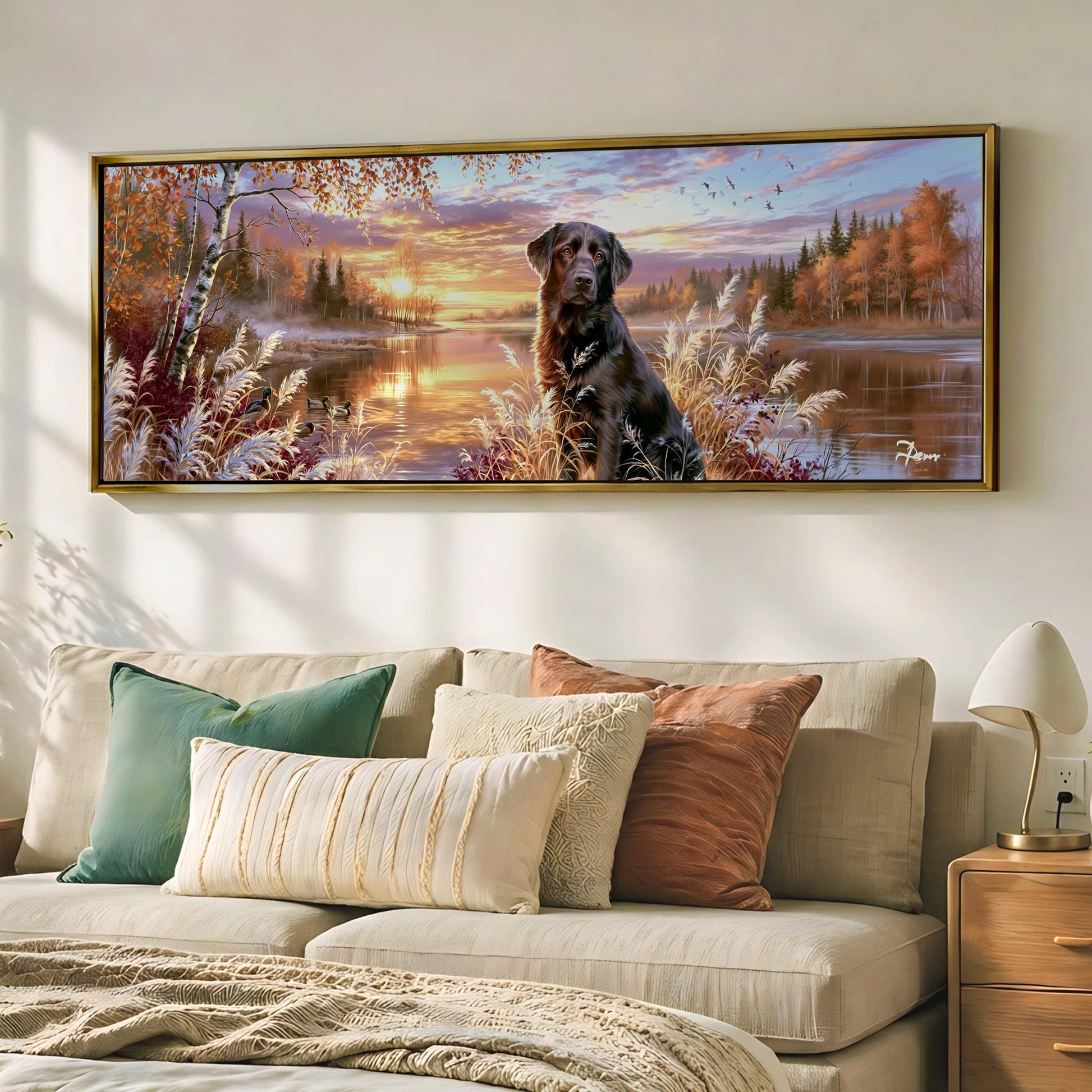 A large framed painting depicting a black dog sitting in a forest landscape with a lake in the background, surrounded by autumn foliage.
