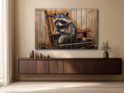 Raccoon Wall Art – Vintage Animal Artwork Printed on Distressed Wood Planks