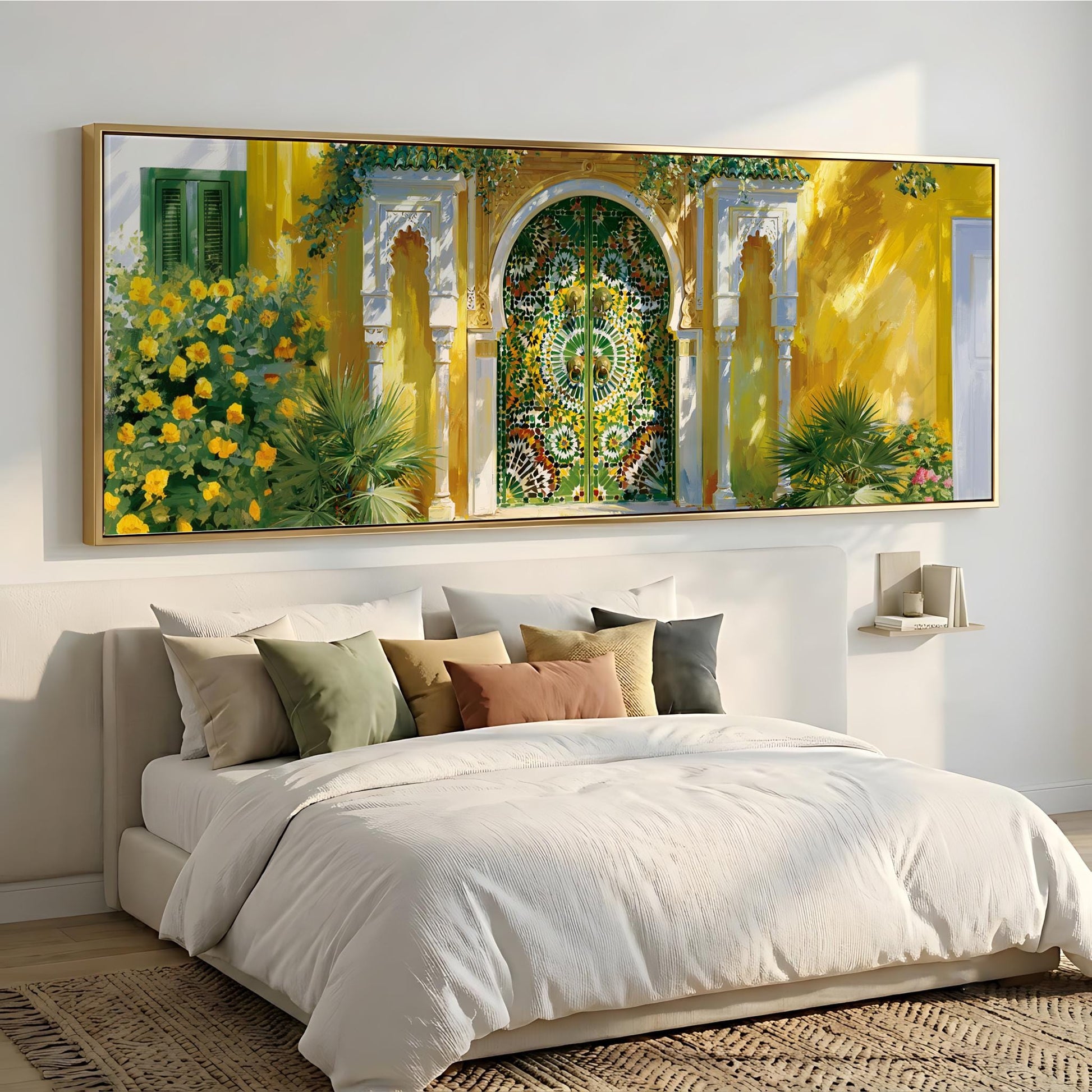 a large, colorful painting of a yellow building with a green door and arched windows, hanging on a wall above a bed with white bedding and pillows.