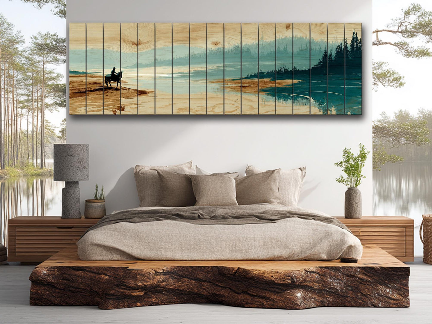Horse River Wall Art – Rustic Cabin Wood Plank Artwork With Calm Water Landscape