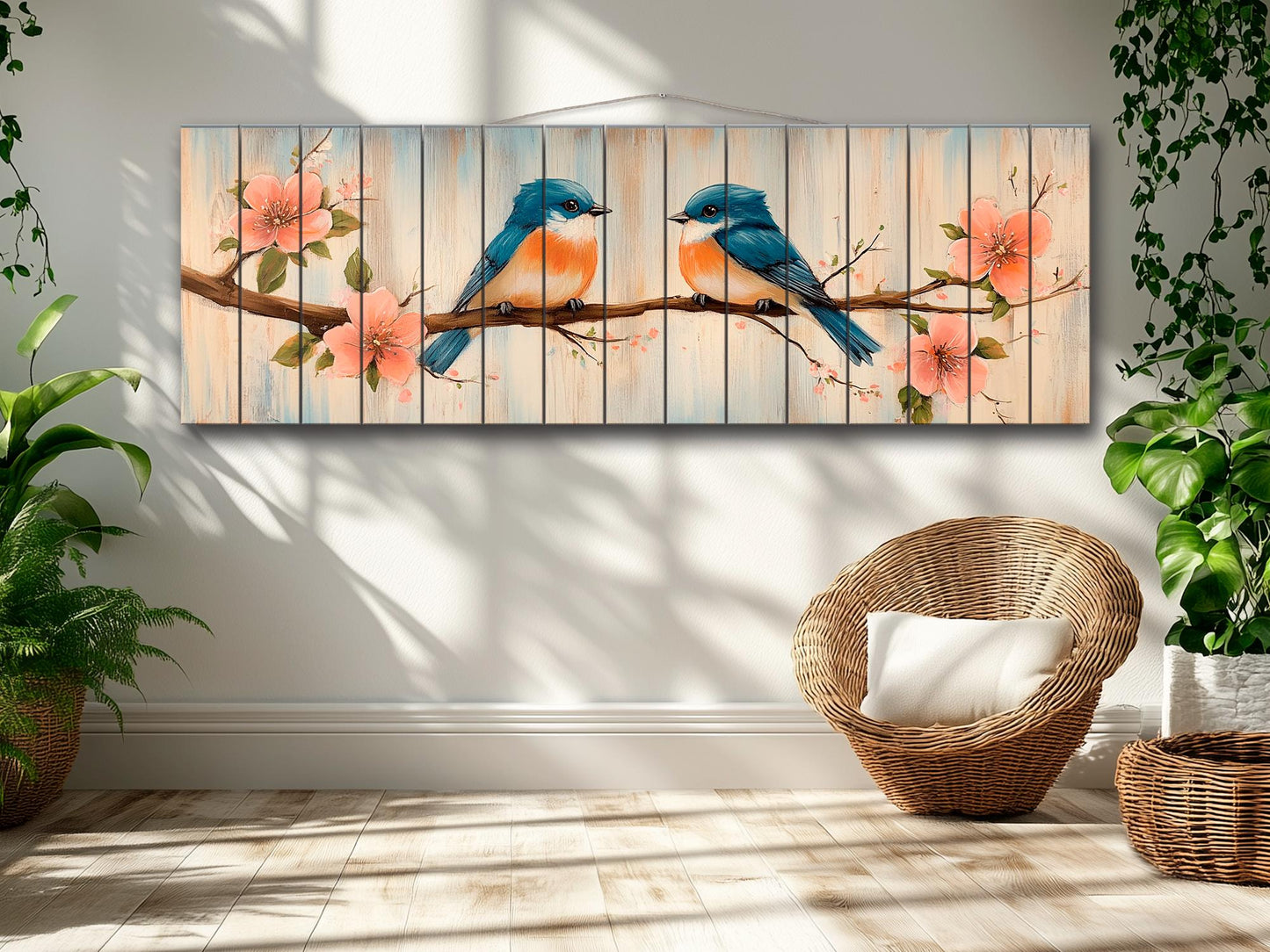 Wood Wall Art - Chubby Bluebirds on a Flowering Branch Print on Natural Wood, Birds Wall Art, Cozy Cabin Wall Decor, Rustic Bluebirds Print