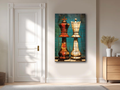 King Queen Chess Art - Rustic Wooden Chess Print On Natural Wood, Ready To Hang