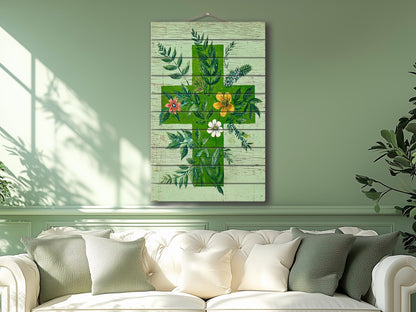 Rustic Wood Wall Art – Floral Medical Cross Print on Wood | Farmhouse Botanical Decor