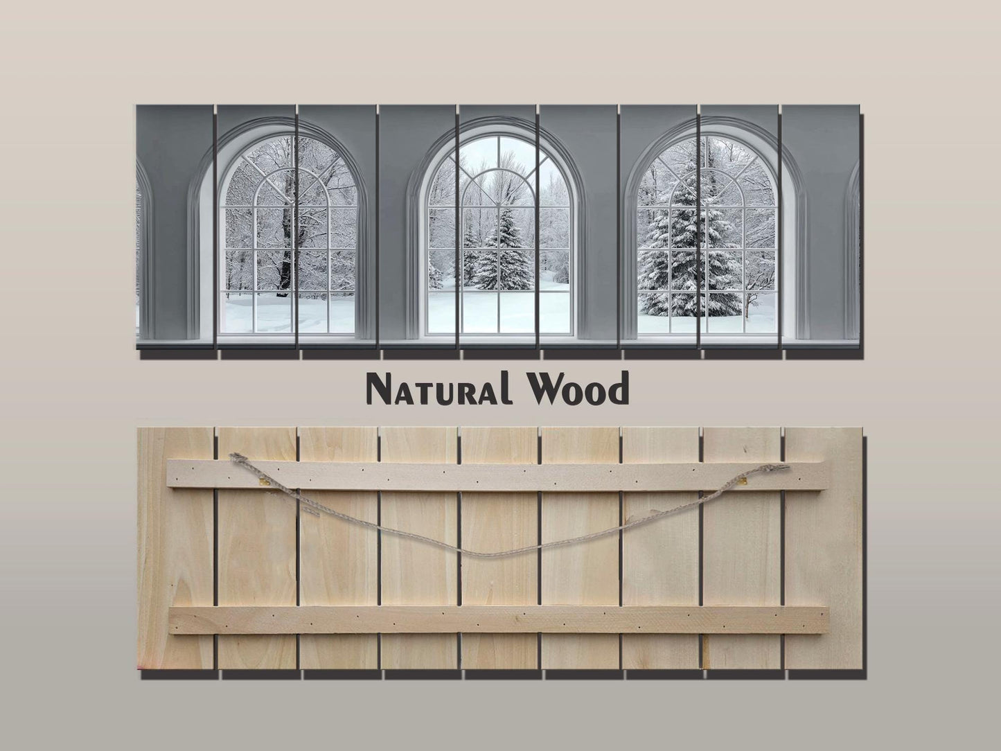Winter Windows Print on Wood – Snowy Landscape Wall Art, Rustic White Arched Window Decor