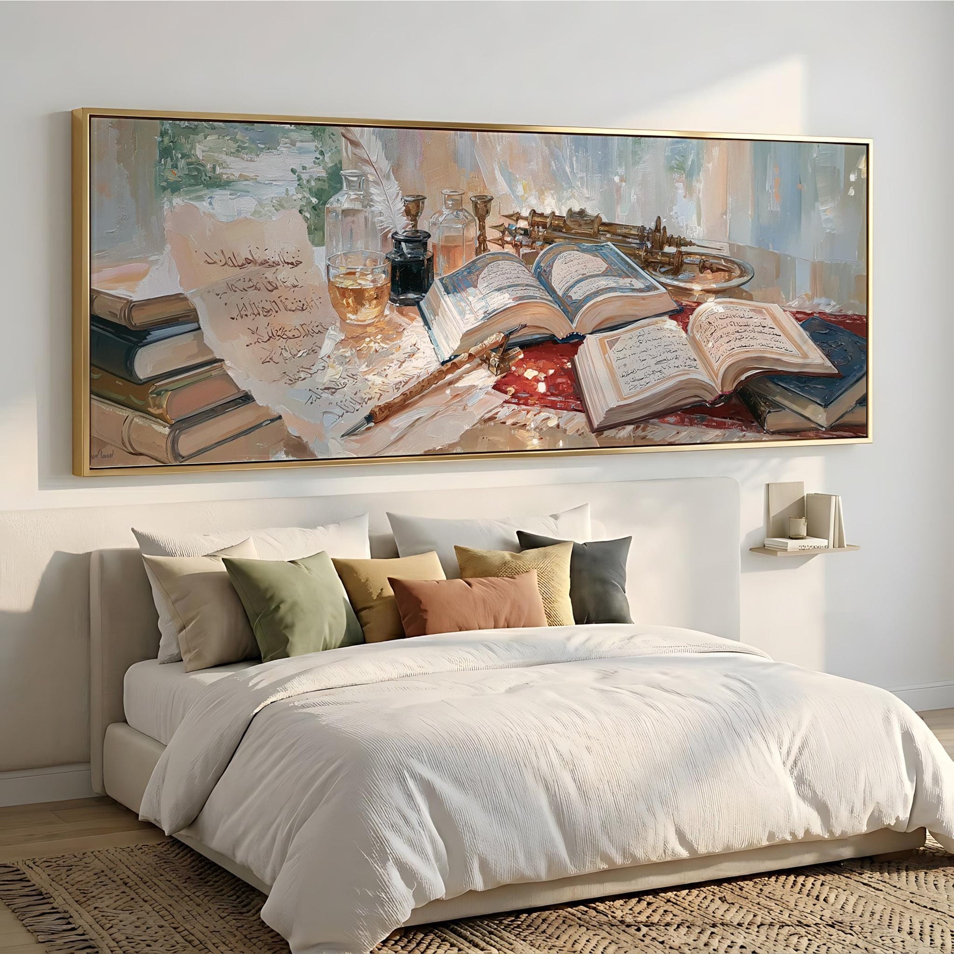 a bedroom with a large bed, a painting of books and a lamp on the wall above it, and a rug on the floor.
