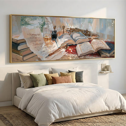 a bedroom with a large bed, a painting of books and a lamp on the wall above it, and a rug on the floor.
