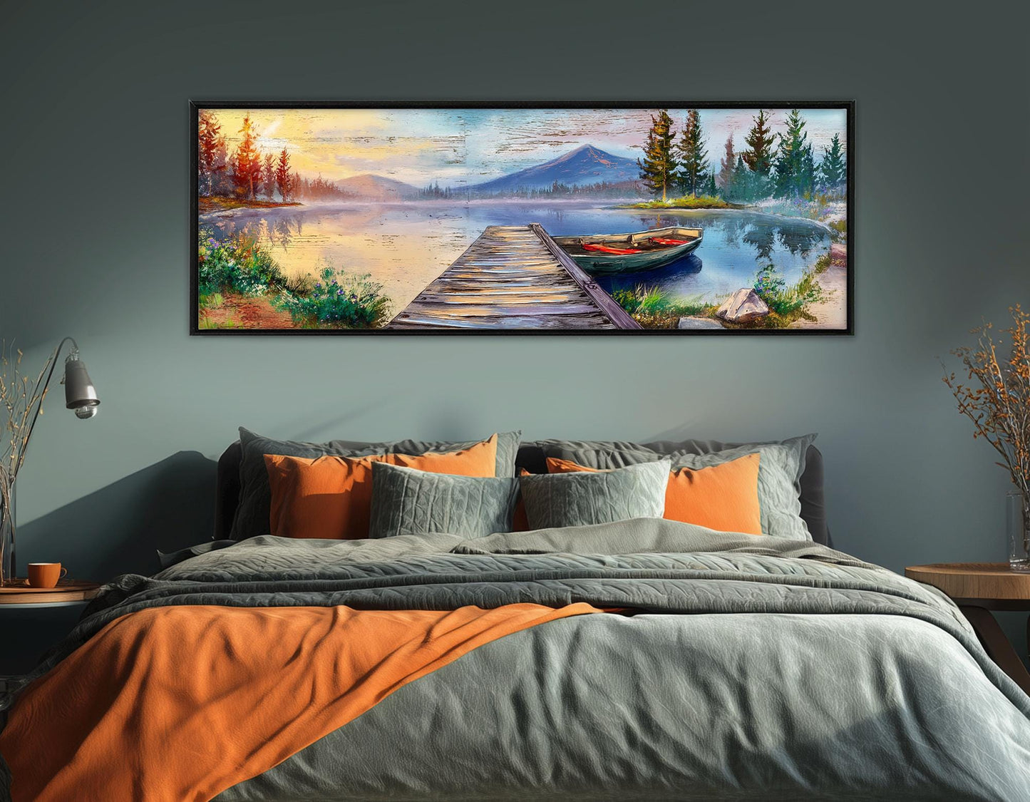 Lake Pier Canvas Print, Mountain Lake and Fishing Boat Painting, Framed & Ready to Hang