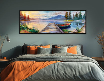 Lake Pier Canvas Print, Mountain Lake and Fishing Boat Painting, Framed & Ready to Hang