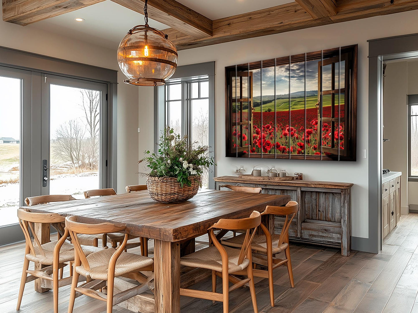 Wood Wall Art – Faux Window Print with Poppy Field Painting | Rustic Farmhouse Decor