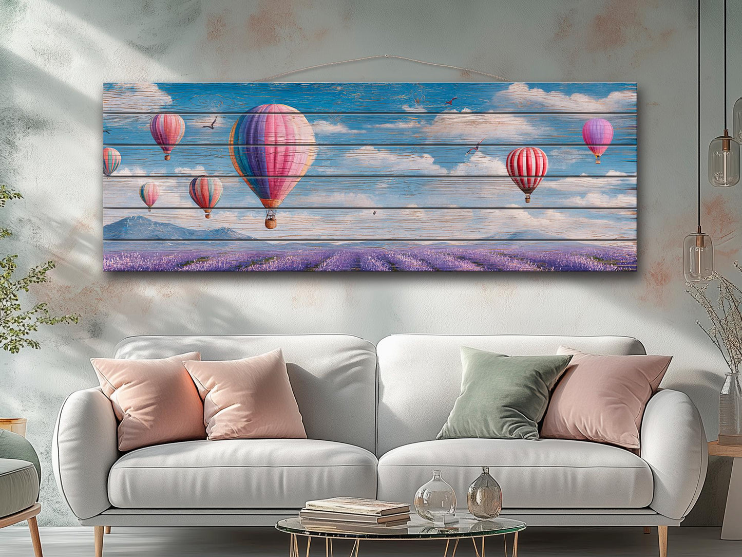 Romantic Hot Air Balloons Over Lavender Fields Print on Natural Wood, Soft Tone Painting, Soft Tones Balloons Wall Art, Wood Wall Art