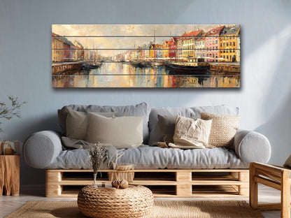 Copenhagen Harbor Wood Print – Rustic Wall Art with Colorful Building Art on Distressed Wood