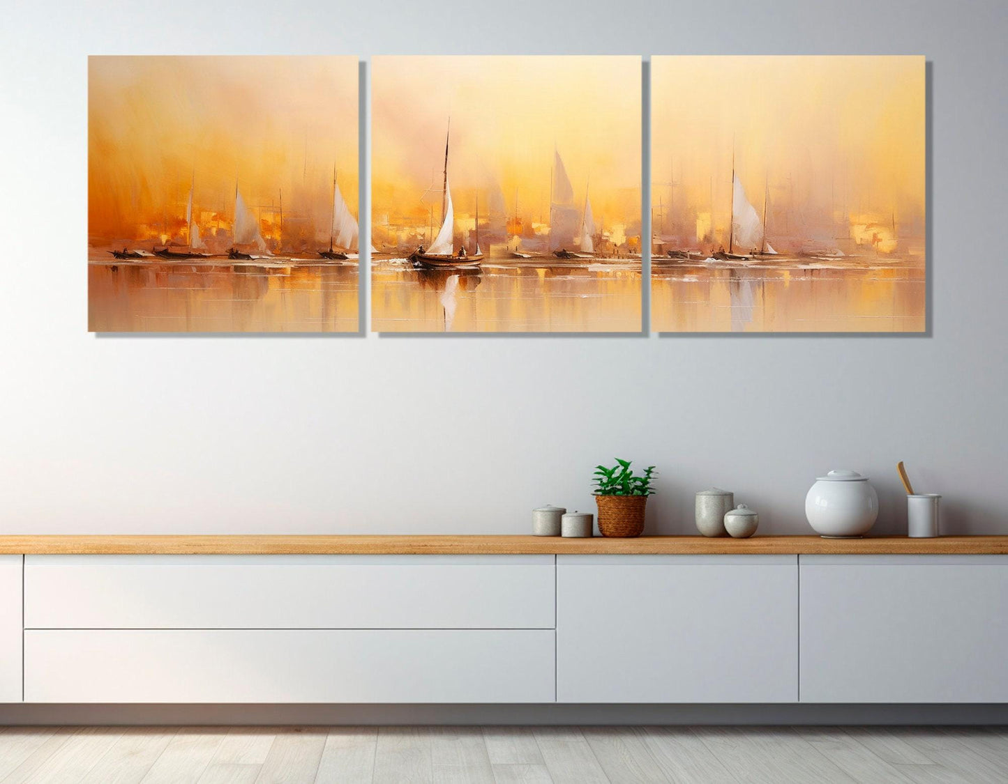 Yacht Canvas Print – Framed Sailing Wall Art With Abstract Sailboats and Sunset