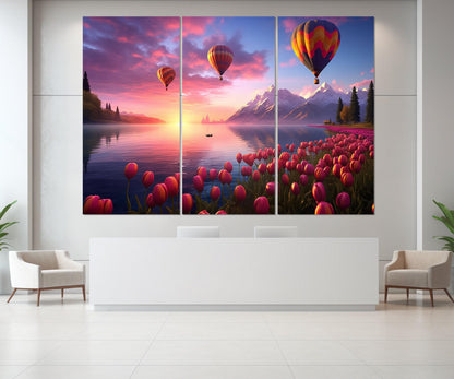 Air Balloons Canvas Print – Framed Lake Landscape Art with Pink Tulips