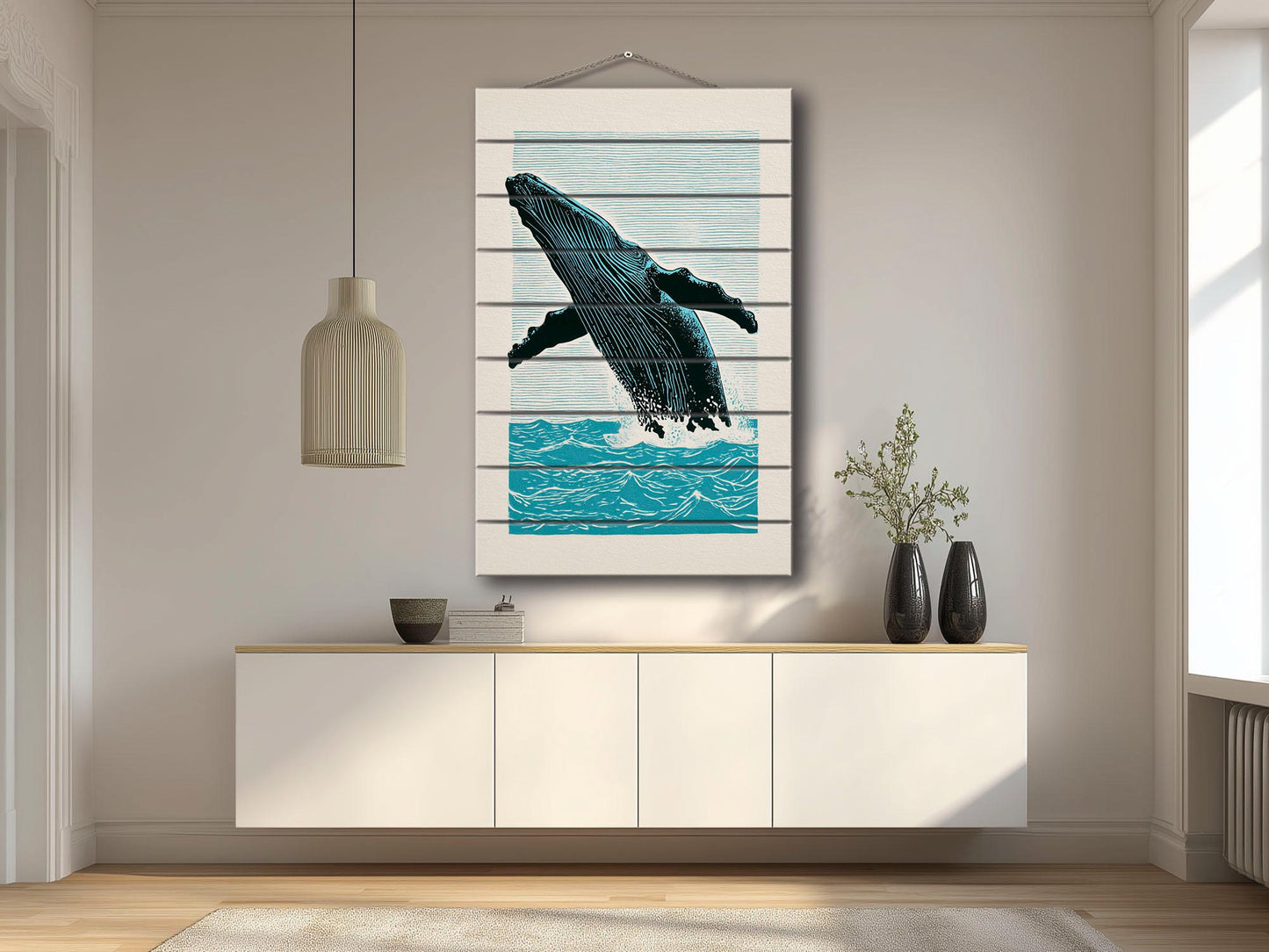 Whale Wood Wall Art – Humpback Linocut Print | Coastal Wood Decor, Ready to Hang