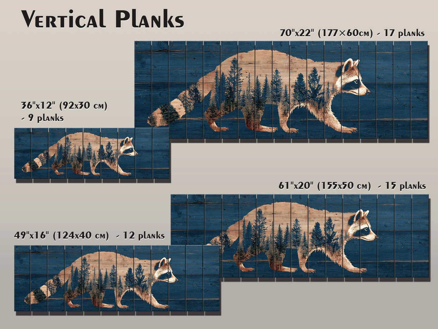 Raccoon Wall Art – Rustic Woodland Forest Silhouette on Natural Wood Planks