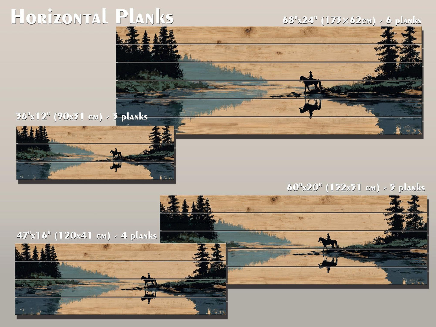 Horse and Rider Wood Print – Rustic River Wall Art with Natural Wood Texture