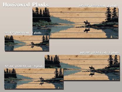 Horse and Rider Wood Print – Rustic River Wall Art with Natural Wood Texture