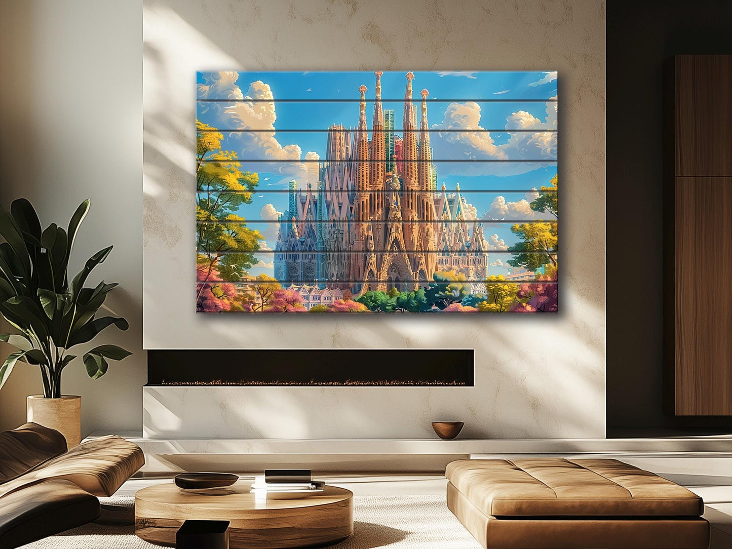 Sagrada Familia Wall Art – Natural Wood Print | Barcelona Skyline Decor