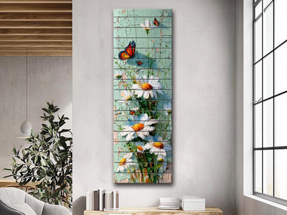 Butterfly and Daisies Wall Art – Rustic Floral Decor on Wooden Panels for Farmhouse Style